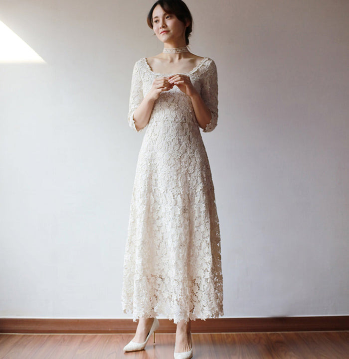 Half Sleeve Floral Lace Tea Length Wedding Dress with Square Neck - Rosymae