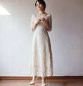 Half Sleeve Floral Lace Tea Length Wedding Dress with Square Neck - Rosymae