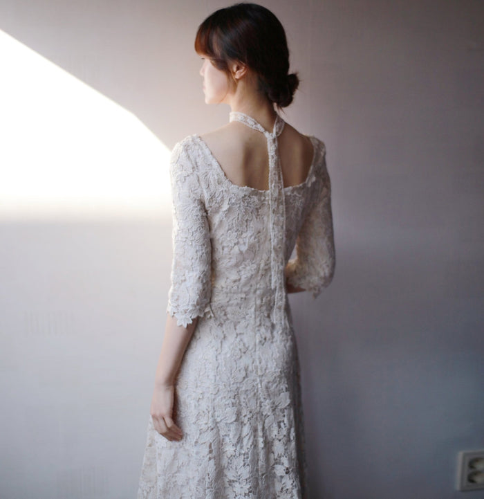 Half Sleeve Floral Lace Tea Length Wedding Dress with Square Neck - Rosymae