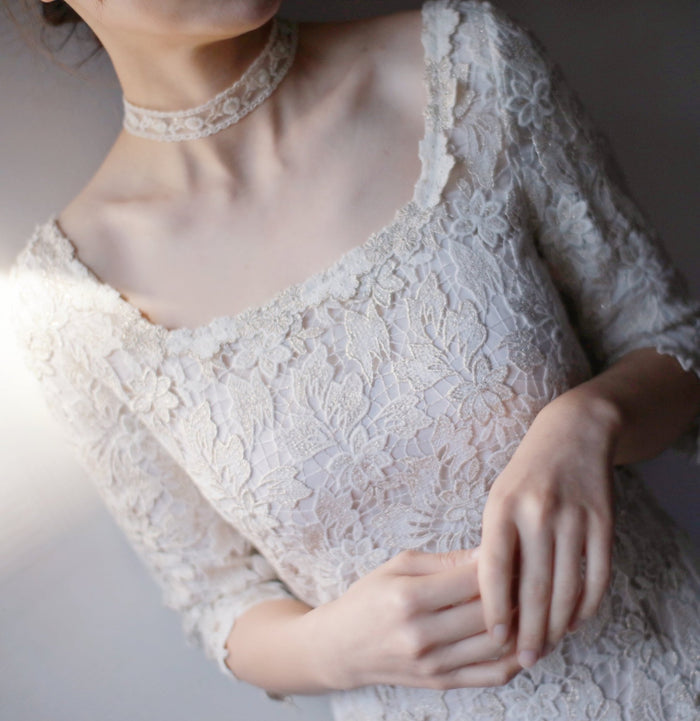 Half Sleeve Floral Lace Tea Length Wedding Dress with Square Neck - Rosymae