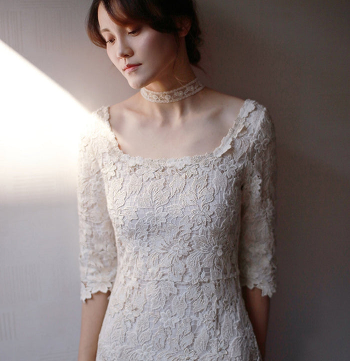 Half Sleeve Floral Lace Tea Length Wedding Dress with Square Neck - Rosymae