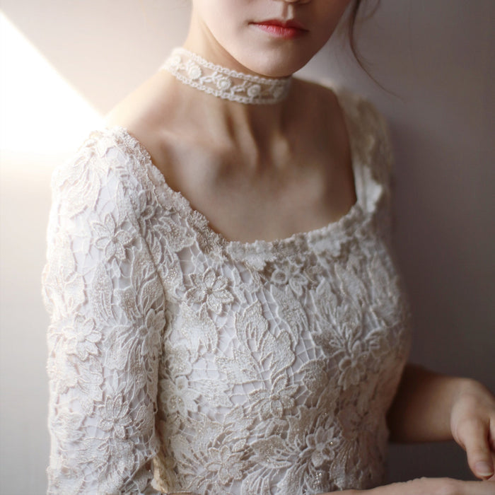 Half Sleeve Floral Lace Tea Length Wedding Dress with Square Neck - Rosymae