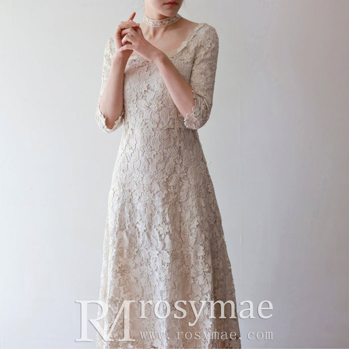Half Sleeve Floral Lace Tea Length Wedding Dress with Square Neck - Rosymae