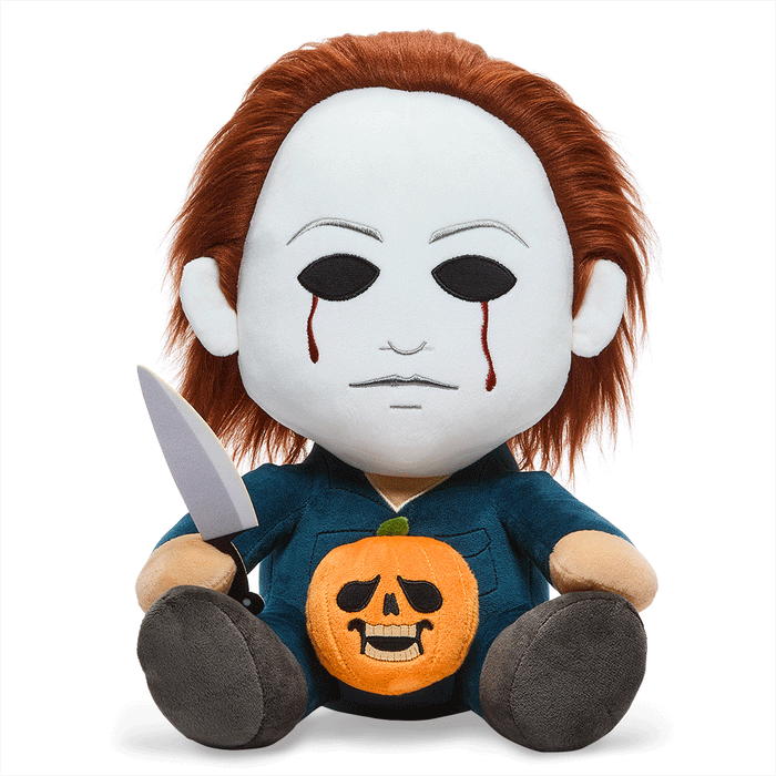 Halloween Michael Myers HugMe 16-inch Shake Action plush by Kidrobot, featuring Michael Myers in a spooky Halloween themed plush.