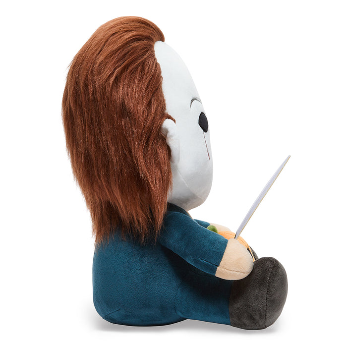Halloween Michael Myers HugMe 16-inch Shake Action Plush by Kidrobot, depicting Michael Myers in a detailed plush form with shake action feature.