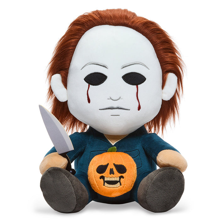 Halloween Michael Myers HugMe 16-inch Shake Action Plush by Kidrobot, featuring a soft plush figure with detailed Halloween-themed design.