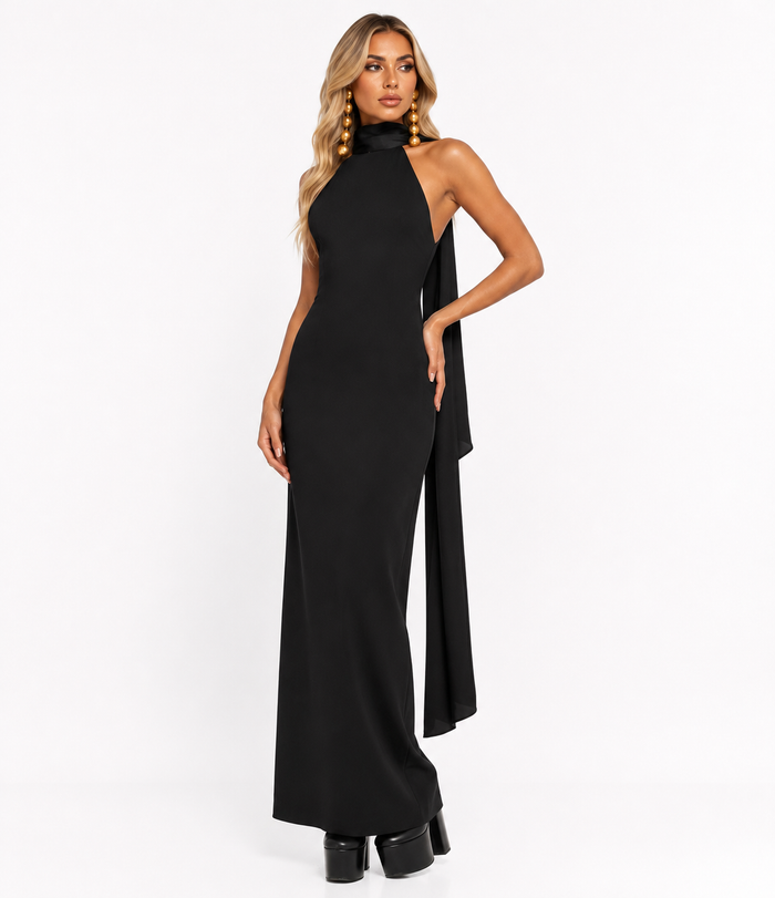 Halter Cape Maxi Dress – Noir