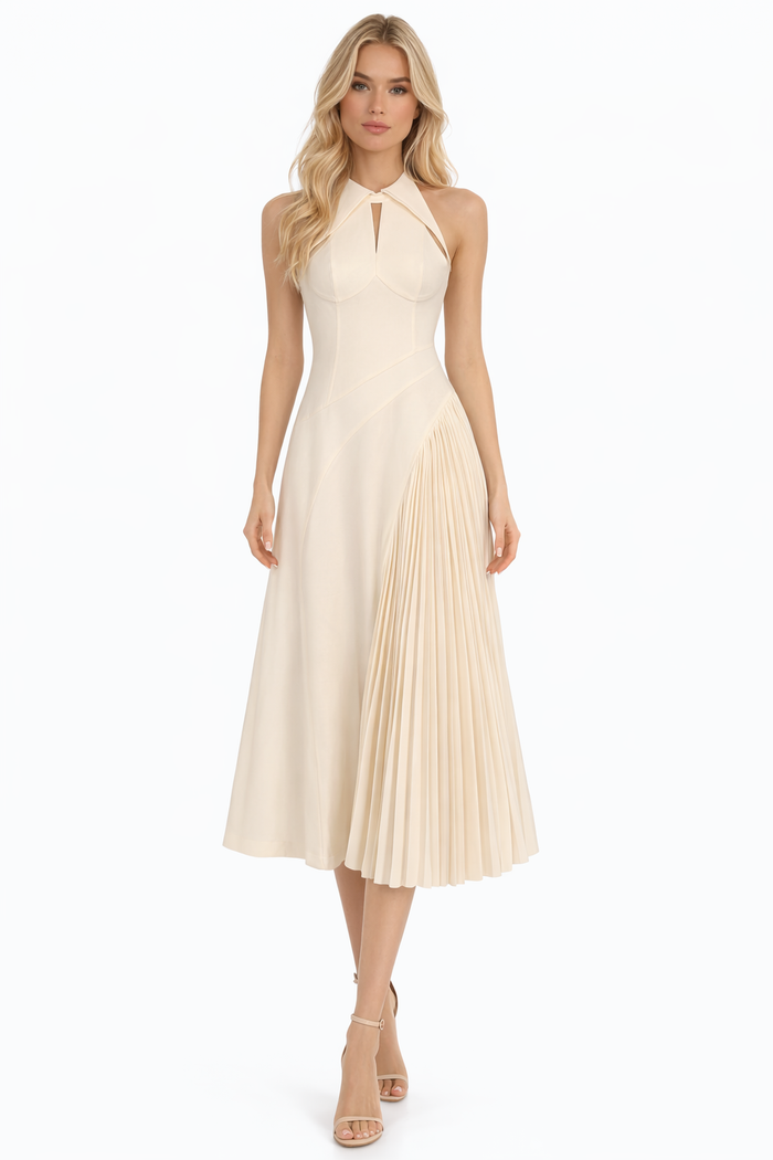 halter keyhole pleated panel midi dress – SCULPT