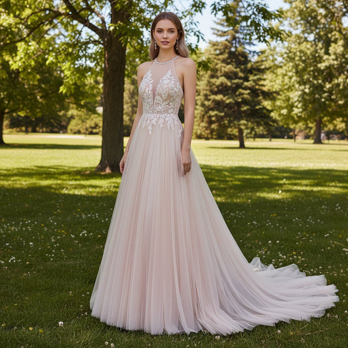 Halter Neck Boho A-Line Blush Pink Tulle Wedding Dress - Rosymae
