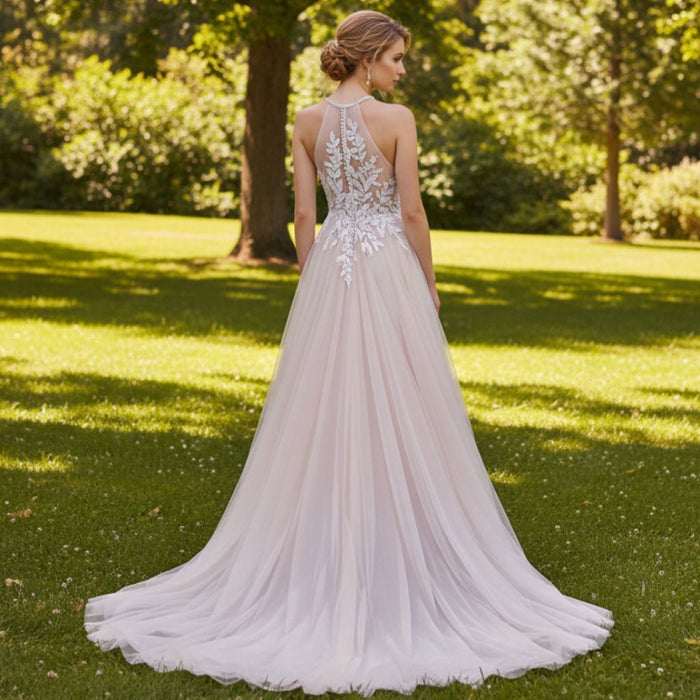 Halter Neck Boho A-Line Blush Pink Tulle Wedding Dress - Rosymae