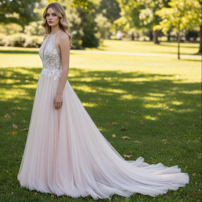 Halter Neck Boho A-Line Blush Pink Tulle Wedding Dress - Rosymae