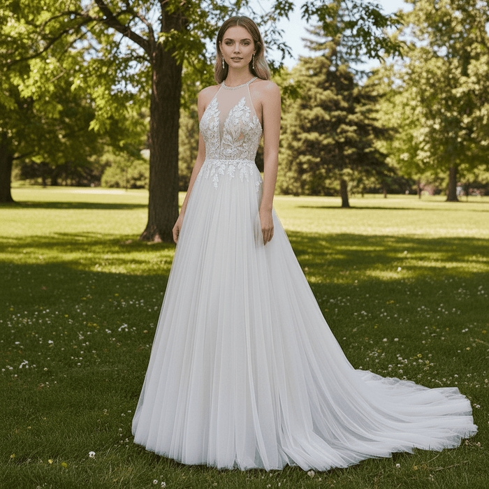 Halter Neck Boho A-Line Blush Pink Tulle Wedding Dress - Rosymae