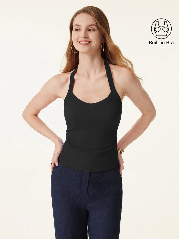 OGLmove Halter Neck Side Ruched Ribbed Bra Tank Black XS
