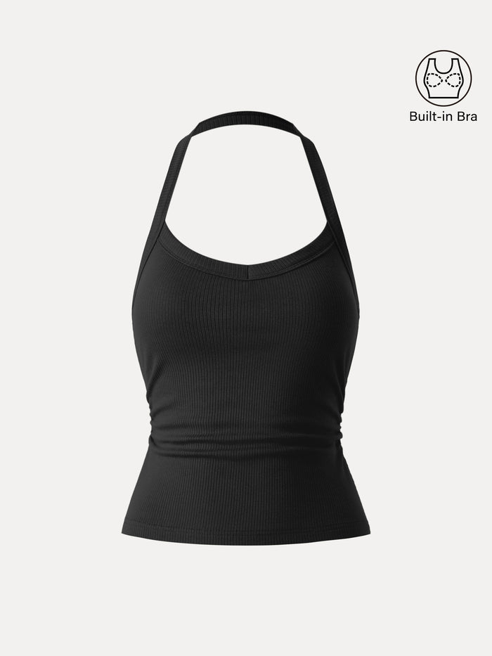 OGLmove Halter Neck Side Ruched Ribbed Bra Tank