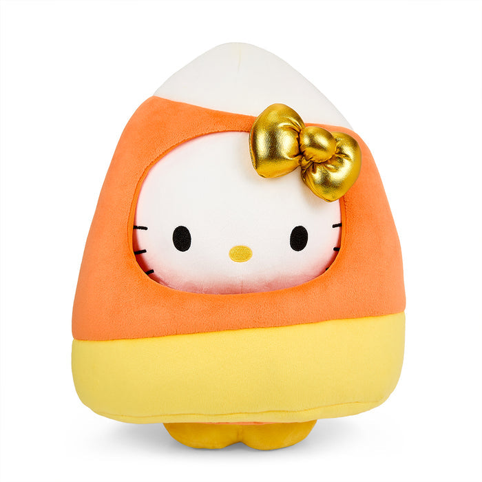 Sanrio Hello Kitty 13-inch Halloween plush toy in candy corn costume, soft plush character for festive decoration and cuddling.
