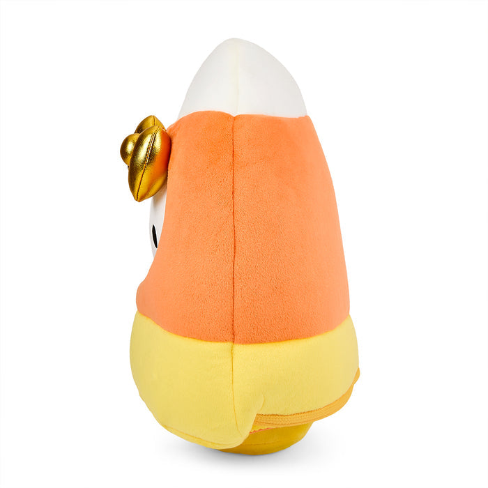 Sanrio Hello Kitty 13-inch Halloween plush toy with candy corn design, soft plush material, perfect for seasonal decor or cuddling.