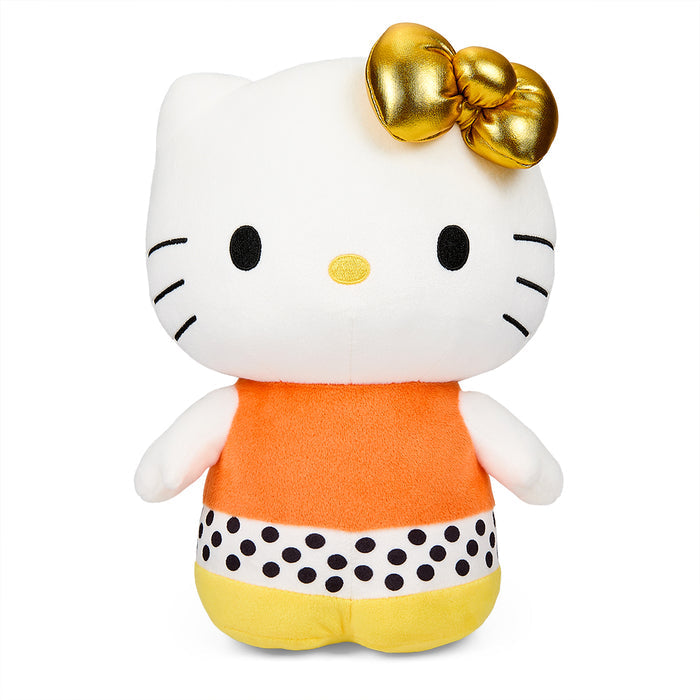Sanrio Hello Kitty 13-inch Halloween plush toy in candy corn design, soft and cuddly for festive decorations or gifts.