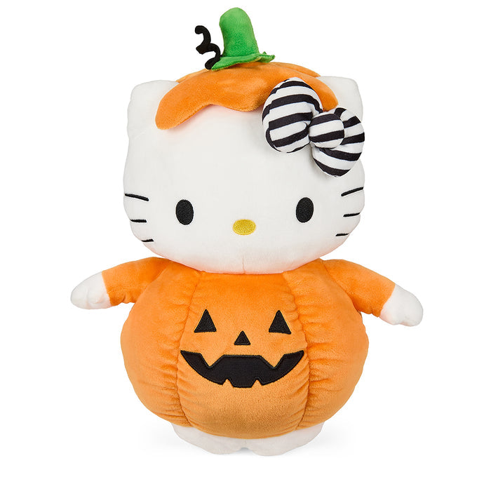Sanrio Hello Kitty 13-inch Halloween plush toy dressed as a pumpkin with orange and green accents.