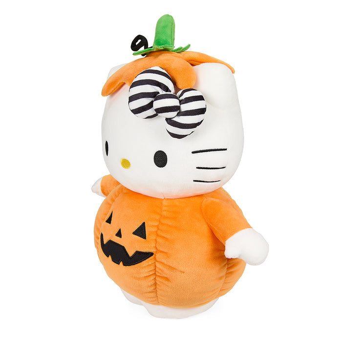 Sanrio Hello Kitty 13-inch Halloween plush with a pumpkin costume, featuring orange and black details and a cute face.