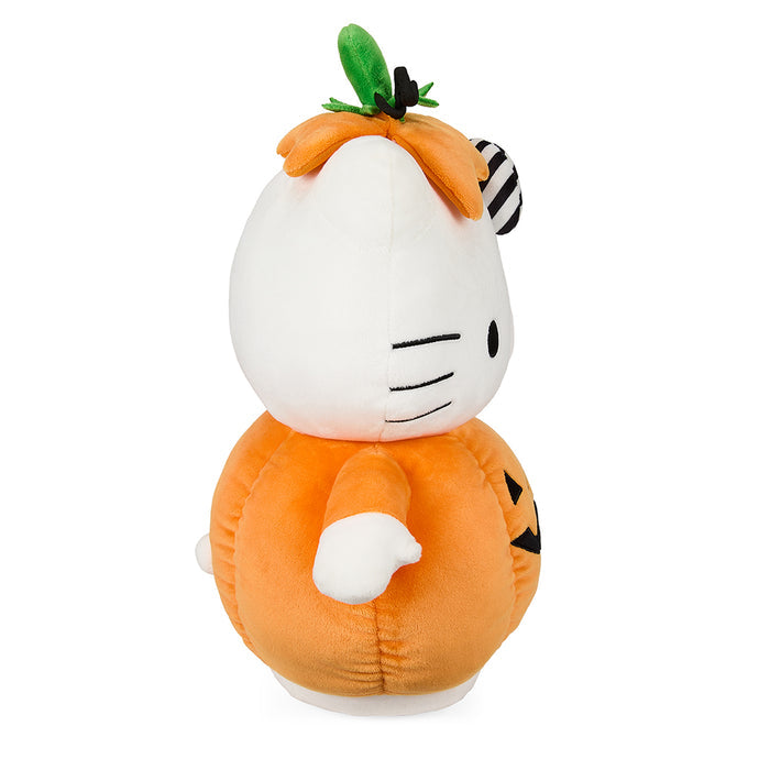 Sanrio Hello Kitty 13-inch Halloween plush in pumpkin costume, soft plush toy with cute Halloween-themed design.