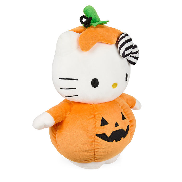 Sanrio Hello Kitty 13-inch Halloween plush in pumpkin costume, soft plush toy with orange pumpkin design.