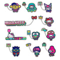 Sanrio Hello Kitty and Friends Arcade 1.5-inch pixel enamel pins set featuring colorful character designs and interactive details.