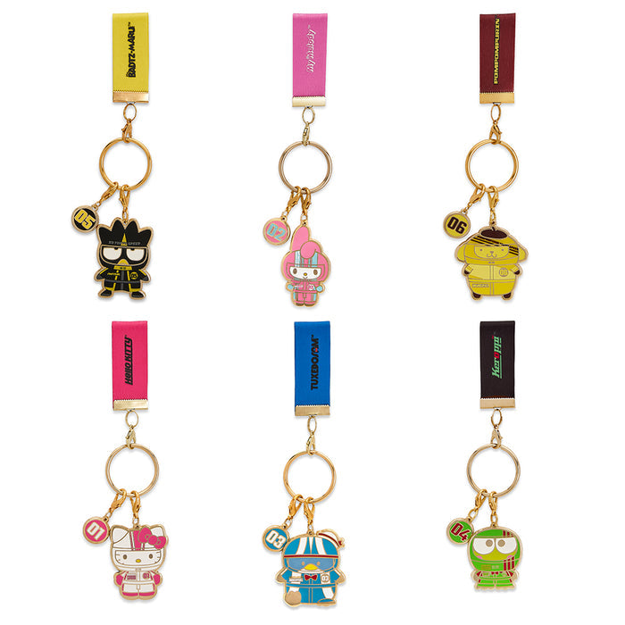 Hello Kitty and Friends Tokyo Speed enamel keychains featuring colorful character designs by Sanrio.