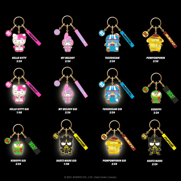 Colorful Hello Kitty and Friends Tokyo Speed enamel keychain by Sanrio featuring vibrant character designs on a metal keyring.