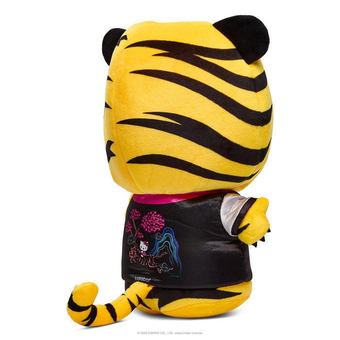 Sanrio Hello Kitty Chinese Zodiac Year of the Tiger 13-inch plush in black and cream, soft and cuddly toy for collectors or fans.