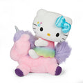 Sanrio Hello Kitty riding a 13-inch plush unicorn, soft and colorful toy with Hello Kitty's face and a rainbow mane.
