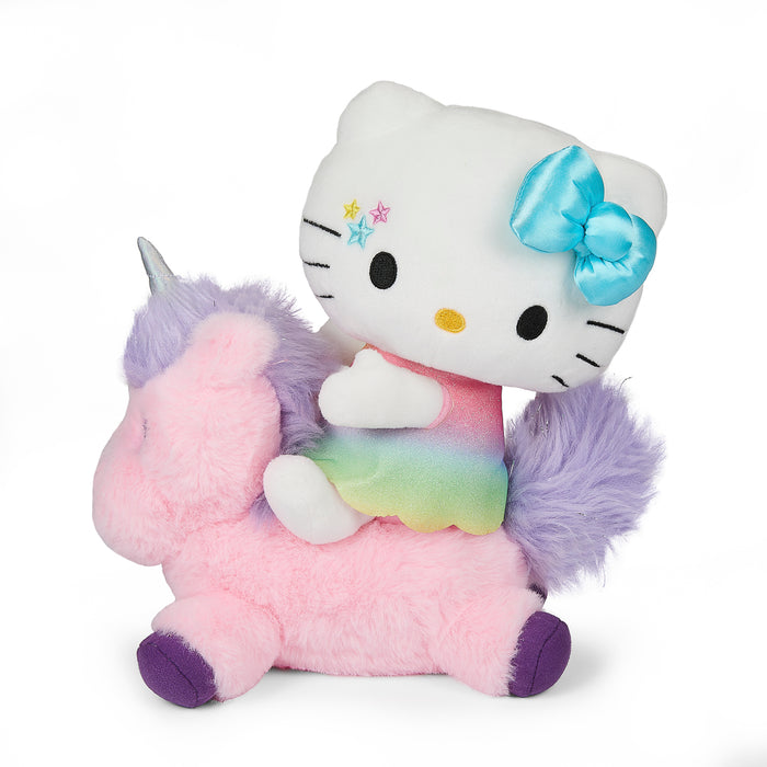 Sanrio Hello Kitty riding a 13-inch plush unicorn, soft and colorful toy with Hello Kitty's face and a rainbow mane.