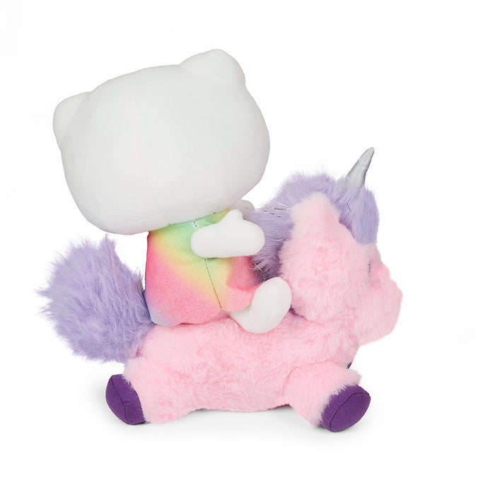 Sanrio Hello Kitty riding a 13-inch plush unicorn, featuring soft fabric and colorful details, perfect for cuddling and display.