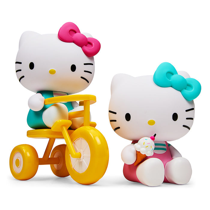 Hello Kitty® tricycle and ice cream-themed vinyl art figures by Kidrobot, 4.5-inch Sanrio collectible set in bright, playful design.