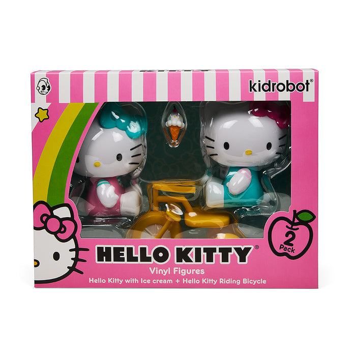 Sanrio Hello Kitty® tricycle and ice cream theme vinyl art figures, 4.5-inch Kidrobot 2-pack set with playful designs.