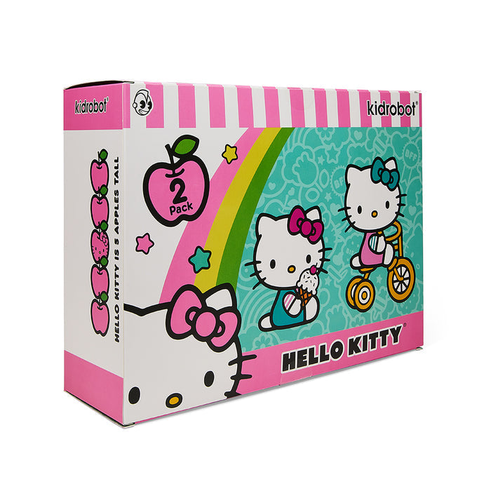 Sanrio Hello Kitty vinyl art figures set featuring a tricycle and ice cream theme, by Kidrobot, showcasing detailed colorful characters.
