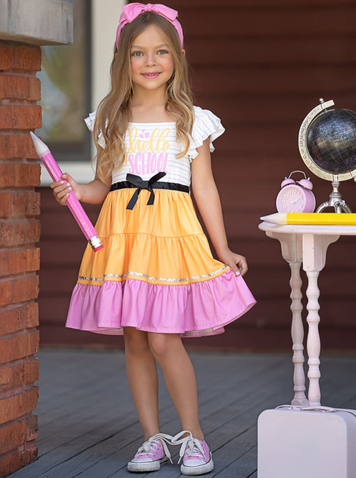 Mia Belle Girls Hello School Tiered Dress | Back To School Dresses