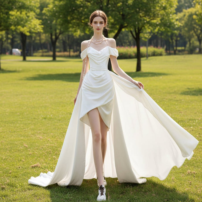 Hi-Lo Above the Knee Satin Wedding Dress with Off the Shoulder - Rosymae