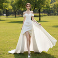 Hi-Lo Above the Knee Satin Wedding Dress with Off the Shoulder - Rosymae