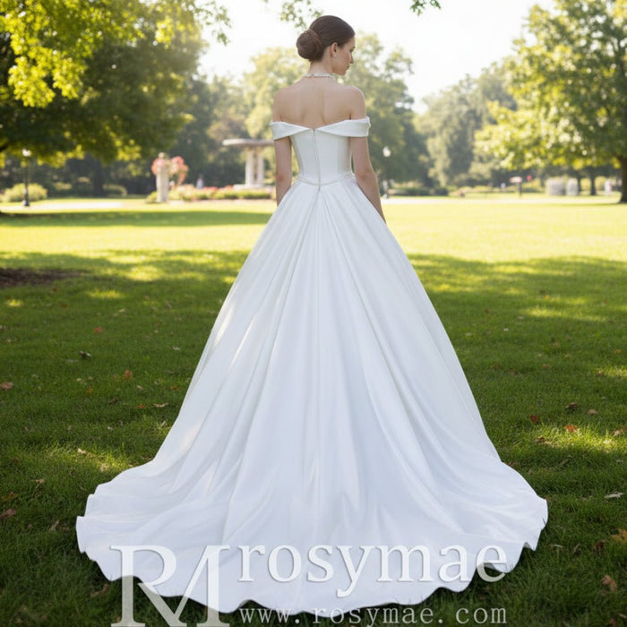 Hi-Lo Above the Knee Satin Wedding Dress with Off the Shoulder - Rosymae