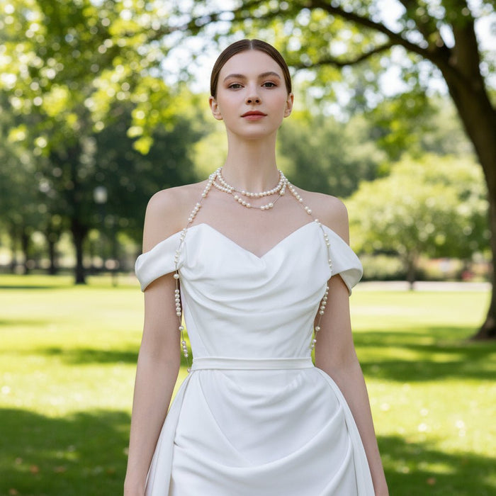 Hi-Lo Above the Knee Satin Wedding Dress with Off the Shoulder - Rosymae
