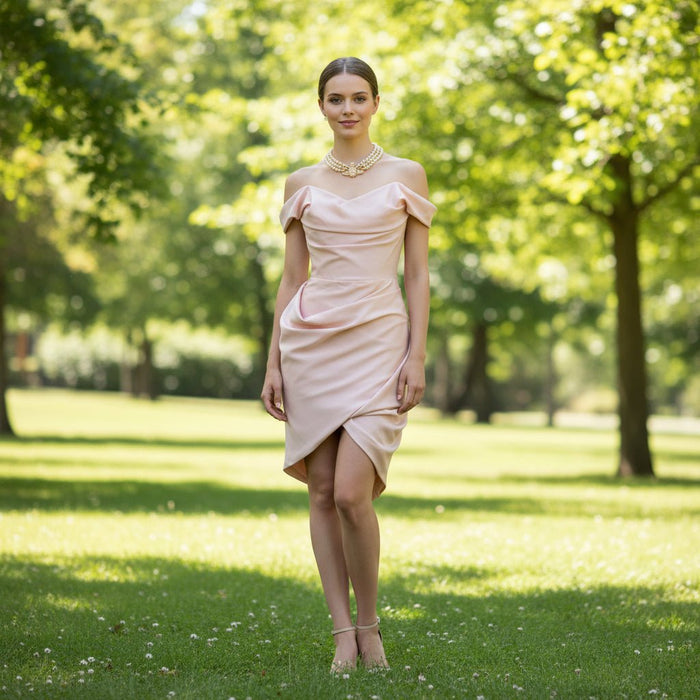 Hi-Lo Above the Knee Satin Wedding Dress with Off the Shoulder - Rosymae