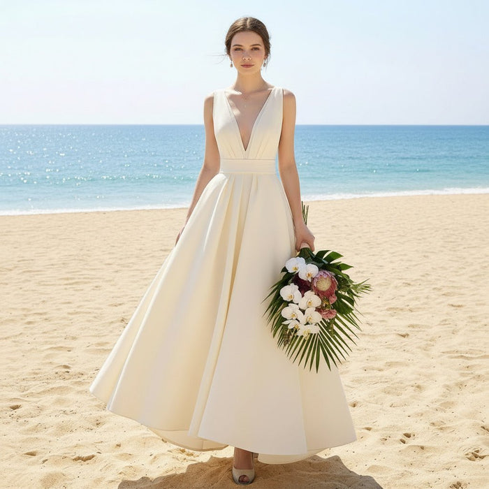 High Low Satin A-line Wedding Dress with Tank V-neck for Women - Rosymae