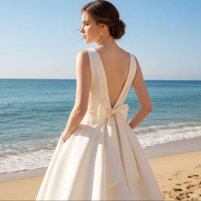 High Low Satin A-line Wedding Dress with Tank V-neck for Women - Rosymae
