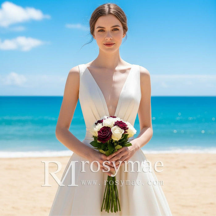 High Low Satin A-line Wedding Dress with Tank V-neck for Women - Rosymae