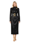 high-neck draped belted leather-look midi dress – REGAL
