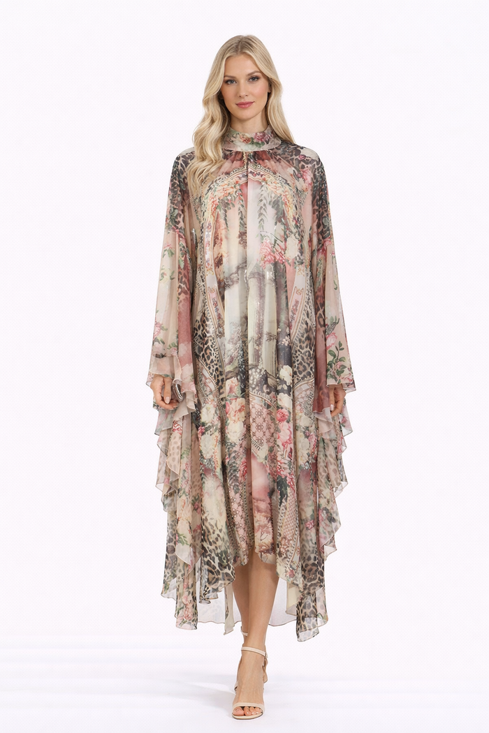 high-neck floral print chiffon cape dress – GARDEN