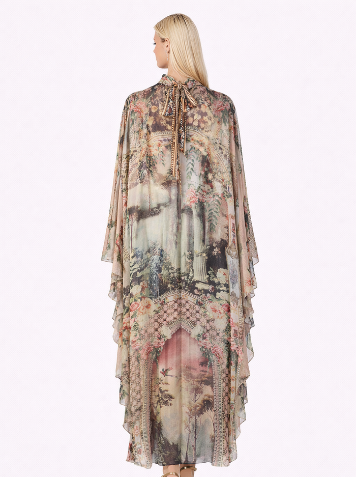 high-neck floral print chiffon cape dress – GARDEN