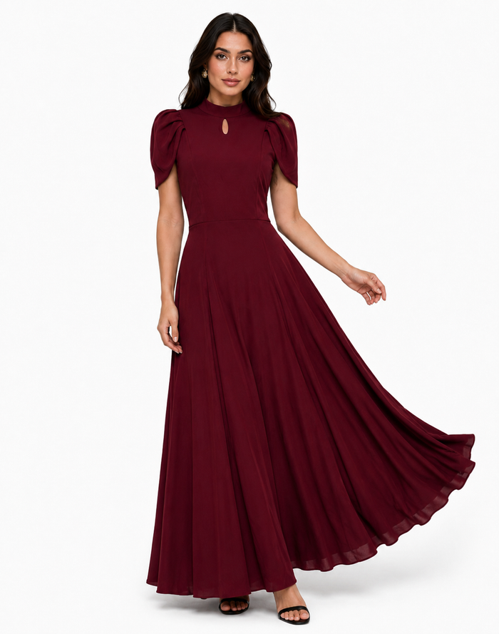 High-Neck Keyhole Maxi Dress - Flattering