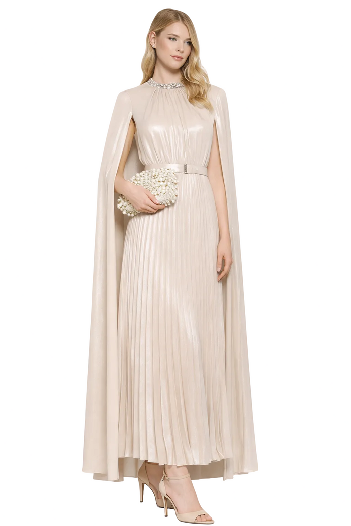 high-neck pleated midi dress with cape sleeves – AURSAL