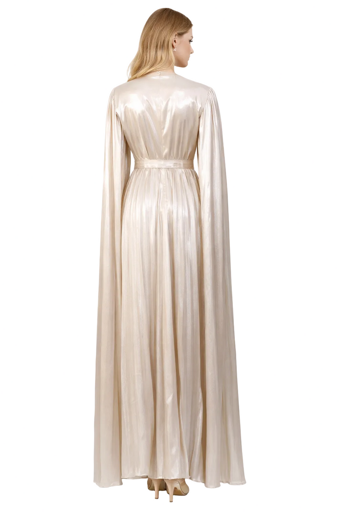 high-neck pleated midi dress with cape sleeves – AURSAL